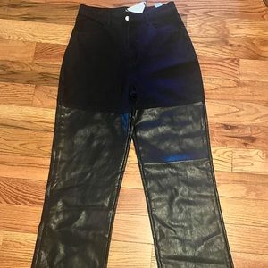 Pu coated color block wide leg jeans in black
